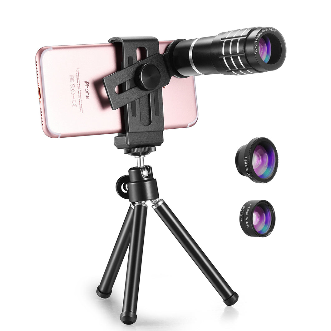 TECHO Professional 12X Zoom Telephoto Lens, Fisheye Lens, Wide Angle Lens, Macro Lens for Mobile Phone